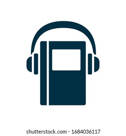 education book with headphone icon over white background, silhouette style, vector illustration