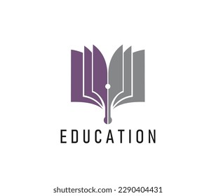 Education book icon for library, store or dictionary, school or university vector symbol. Education and book sign for bookstore or online shop, fountain pen and open pages icon for college study