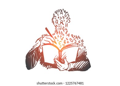 Education, book, knowledge, study, university concept. Hand drawn person learning with book concept sketch. Isolated vector illustration.