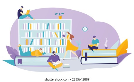 Education book at library shelf, vector illustration, flat tiny man woman student character get knowledge in library, person sit at huge literature.