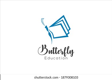 Education book logo, butterfly shape  book as its wings, modern school design app technology icon.