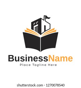 Education with book logo. Vector design with building school. This logo is suitable forchildren, high school, university, students.