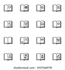 Education book reading line icons set, outline vector symbol collection, linear style pictogram pack. Signs, logo illustration. Set includes icons as open school book, mathematical, geography, music