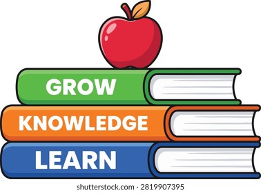 Education Books Stack with Apple - Learn Knowledge Grow Illustration