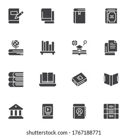 Education books vector icons set, modern solid symbol collection, filled style pictogram pack. Signs, logo illustration. Set includes icons as geography, online library, ebook, bookshelf, bookmark