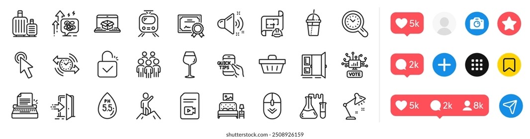 Education, Bordeaux glass and Loud sound line icons pack. Social media icons. Table lamp, Shopping basket, Lock web icon. Train, Cursor, Time management pictogram. Vector