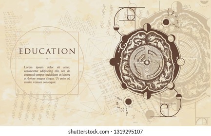 Education. Brain labyrinth and golden ratio. Renaissance background. Medieval manuscript, engraving art 