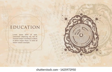 Education. Brain labyrinth. Renaissance background. Medieval manuscript, engraving art 