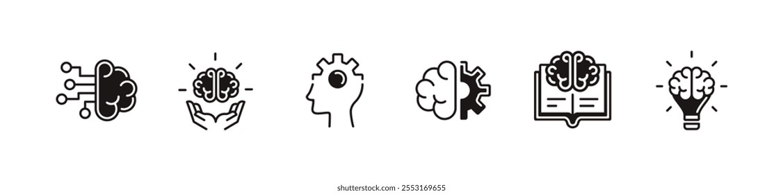 education brain mind thinking icon set cognition brainstorm knowledge intelligence signs vector illustration