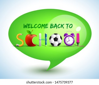 Education bright concept with green 3d speech bubble with and school supplies vector illustration