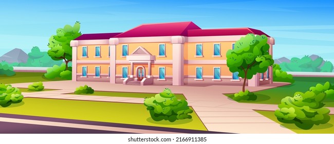 Education Building Exterior Of College, High School, University Or Campus Academy Cartoon Vector Illustration. Schoolhouse Front With Green Grass Lawn. Facade Of Government House, Court Or Library.