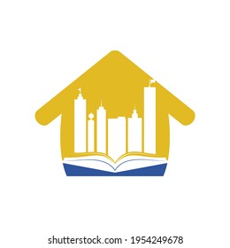 Diseño del logo de construcción de educación. Vector de libros y un edificio, símbolo de biblioteca y estudio.
