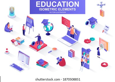 Education bundle of isometric elements. Academic cap, online library, studying student, distance learning, webinar, homework isolated icons. Isometric vector illustration kit with people characters.