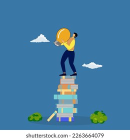 Education for business challenge,ambition skill concept, study help reach goal , knowledge , Clever businessman climbing  stack of books for ideas.