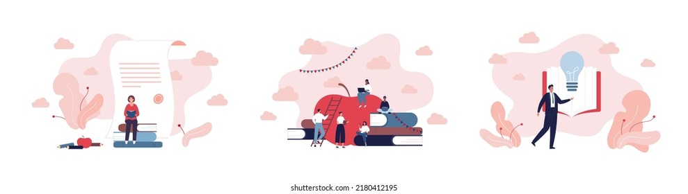 Education for business concept bundle. Vector flat illustration set. Group of students sitting with book and laptop. Businessman with lightbulb. Apple and certificate symbol.