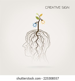 Education and business concept. Tree of Knowledge  shoot grow on human head symbol. Green industrial idea. Vector illustration