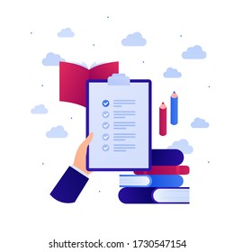 Education in business concept. Vector flat illustration. Test exam on paper. Hand hold task checklist on clipboard. Book and pen sign. Design element for banner, web, infographic.