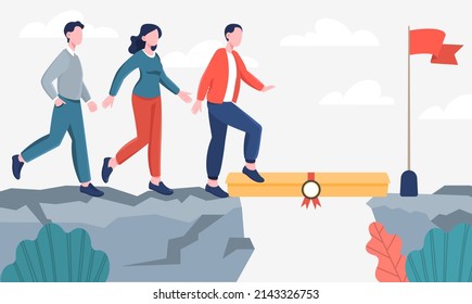 Education Or Business Degree To Help Career Growth. Men And Women Overcome Obstacles In Business And Cross Gorge With Diploma Help. Professional Development Or Skills. Cartoon Flat Vector Illustration