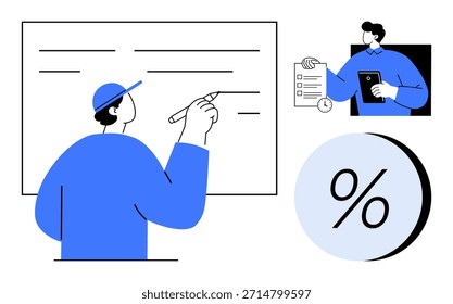 Education, business planning, task management, goal setting, strategy, productivity. A person writing on a whiteboard, checklist and a percentage icon. Business planning and task management concept