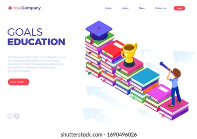 education or business success. isometric student or businessman standing on books and looking through telescope new opportunities learning graduate goals achievements. education power, new horizons