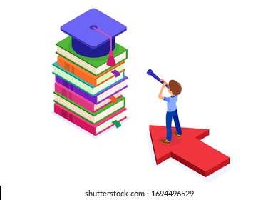 education or business success. isometric student standing on arrow and looking through telescope on books new opportunities learning graduate goals achievements. education power. new horizons
