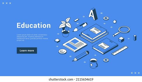 Education or business training learning information school college university internet banner landing page isometric vector illustration. Studying cyberspace course with book textbook stationery