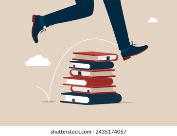 Education. Businessman jump over high books stack. Flat vector illustration