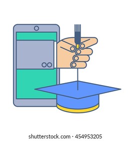 Education by internet. Online school and graduation line concept illustration. Human hand from phone screen is holding a hat by tassel. Vector tele education and remote teaching infographic element.