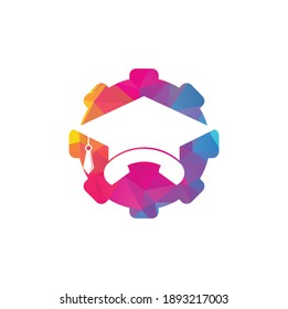 Plantilla de diseño del logotipo vectorial de la forma del engranaje de la convocatoria de educación. Logo del icono de la tapa de graduación y del dispositivo de mano	