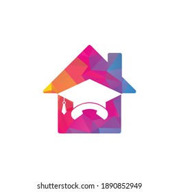 Education Call home shape concept vector logo design template. Graduation cap and handset icon logo