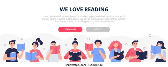 Education can be fun. Set of different people reading books with interest. Vector Illustration in modern flat style can be used by libraries, book fairs, stores and schools.