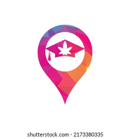 Education cannabis gps shape concept logo design. Graduation cap and marijuana logo icon template.
