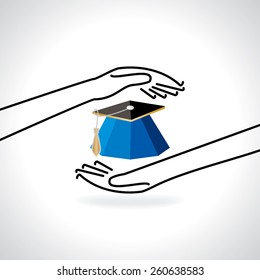 education cap caring by hands concept 