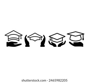 education care hand holding graduation hat icons vector design simple black white illustration template sets