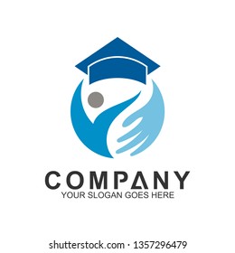 education care logo, people with hand and graduation cap, science and knowledge, smart icon, creativity vector logo