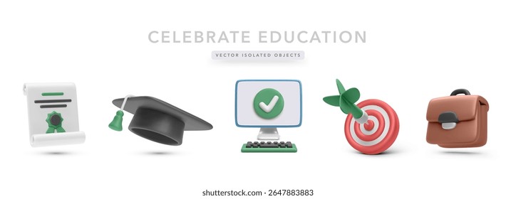 Education and Career Achievement Icons Including Diploma, Graduation Cap, Computer, Target, and Briefcase in Playful 3D Cartoon Style. Great for Learning Themes. Vector Illustration.