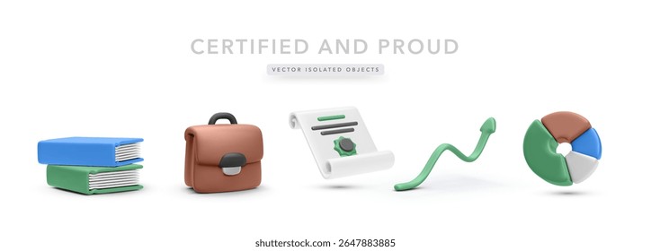 Education, Career, and Growth Icons Set Including Books, Briefcase, Certificate, Arrow, and Chart in 3D Cartoon Style. Clean Minimal Design with Bright Colors. Vector Illustration.