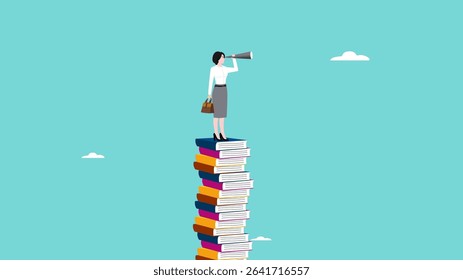 education for career opportunity, business skill for future success, personal improvement for skill development, business woman climbing a stack of books to see the opportunity for success