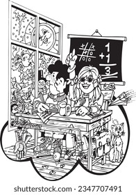 Education cartoon about a chaotic classroom.