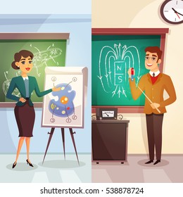 Education cartoon vertical banners with teachers of biology and physics in flat style vector illustration