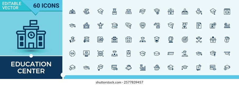 Education Center icons set. Featuring building, bus, Academy, learning, education, university, study and more. Pixel perfect. Outline and solid pictogram.