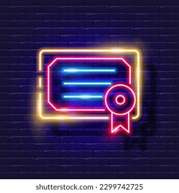 Education certificate, diploma, online education icon. Neon glowing vector illustration