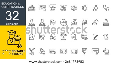 Education and Certification Line Icons – Editable Stroke Vector Set. Academic Achievement, Course, Certificate, Graduation, Diploma Line Icons Collection