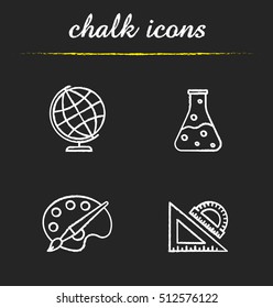 Education chalk icons set. Geography, chemistry, art, geometry symbols. School rulers, chemical reaction, palette with brush, globe. Isolated vector chalkboard illustrations