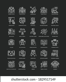 Education chalk white icons set on black background. Learning process, student life. Modern education system. Academic institutions and teaching types. Isolated vector chalkboard illustrations