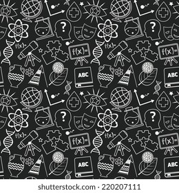 Education chalkboard seamless pattern with science theories areas symbols vector illustration