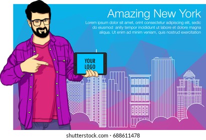 Education character of young guy is showing a finger on the tablet PC cover. Vector illustration of cover of New York buildings for web banner, hackathon, education workshop.