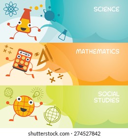 Education Characters Banner, Science, Math, Social, Kindergarten, Preschool, Kids, Learning And Study Concept