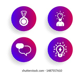 Education, Chat message and Medal icons simple set. Halftone dots button. Inspiration sign. Human idea, Speech bubble, Winner. Creativity. Education set. Classic flat education icon. Vector
