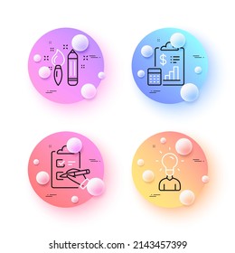Education, Checklist and Creativity minimal line icons. 3d spheres or balls buttons. Report icons. For web, application, printing. Human idea, Questioning clipboard, Graphic art. Vector